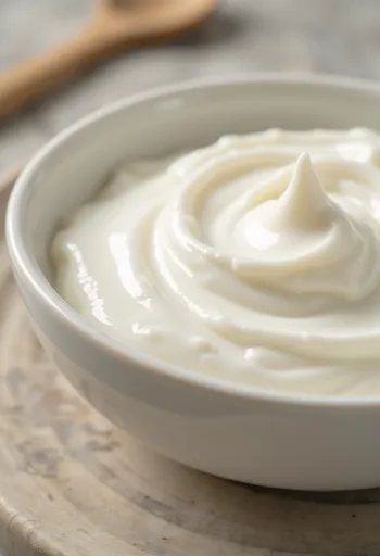 Bát sữa chua trắng mịn màng với thìa bạc