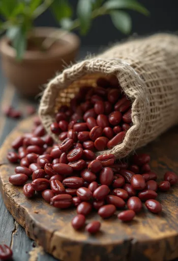 Hạt đậu đỏ Adzuki khô trong bát gỗ và rải trên bàn