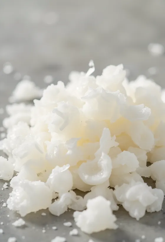 Bột agar và sợi agar khô trên bàn gỗ, bên cạnh là ly thạch đã đông