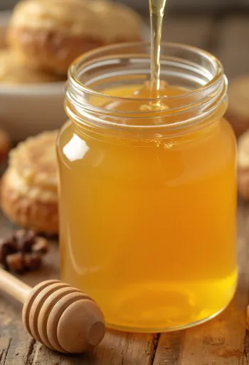 Chai sirô Agave nhỏ và thìa gỗ với dòng mật vàng óng chảy xuống