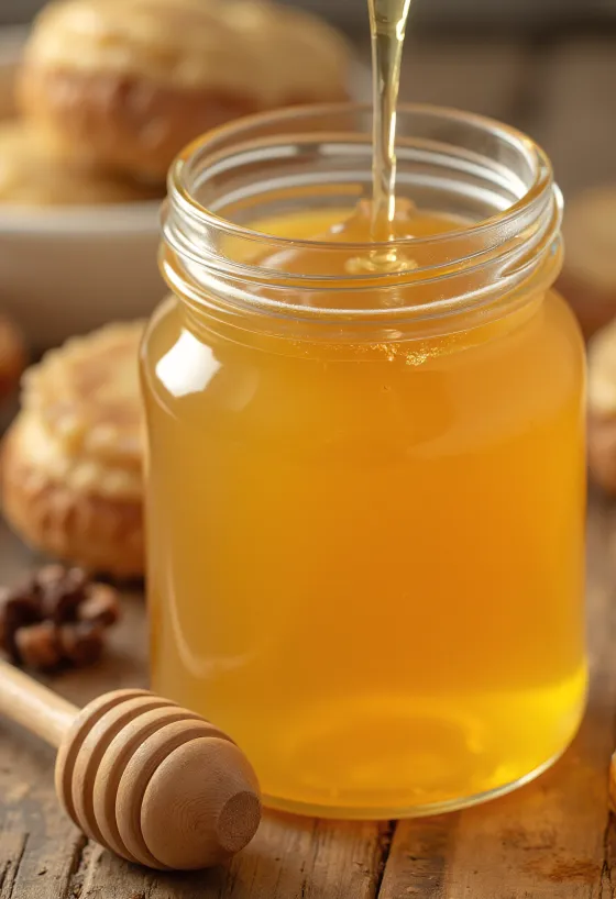 Chai sirô Agave nhỏ và thìa gỗ với dòng mật vàng óng chảy xuống