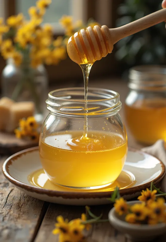 Hũ mật ong hoa keo vàng óng, cây lấy mật và hoa keo trắng