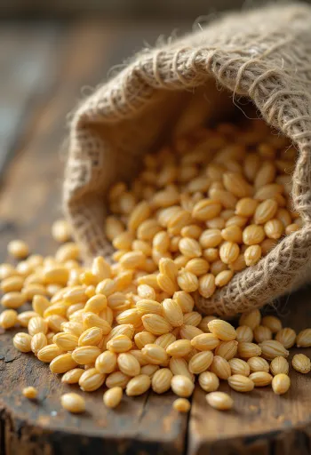 Hạt lúa mì Einkorn và bột mì nguyên cám bên cạnh bông lúa