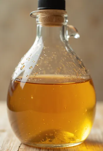 Giấm táo trong bát thủy tinh, táo tươi và chai chứa con giấm