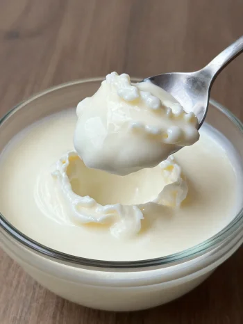 Sữa đông trắng mịn trong bát gốm với thìa, bề mặt hơi tách nước