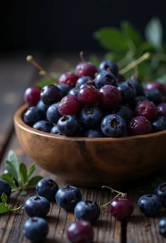 Quả Aronia (chokeberry) tươi màu tím đen, cắt đôi lộ ruột