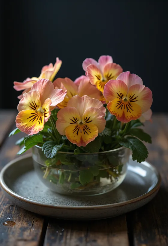Hoa Pansy (hoa bướm) ăn được nhiều màu sắc trên đĩa trắng