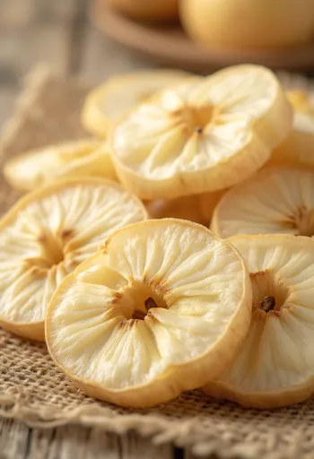 Táo sấy lát vòng trong bát, cùng táo tươi, quế và mật ong