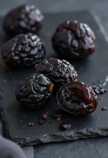 Mận sấy đen bóng trong bát gốm cùng mận tươi và quế