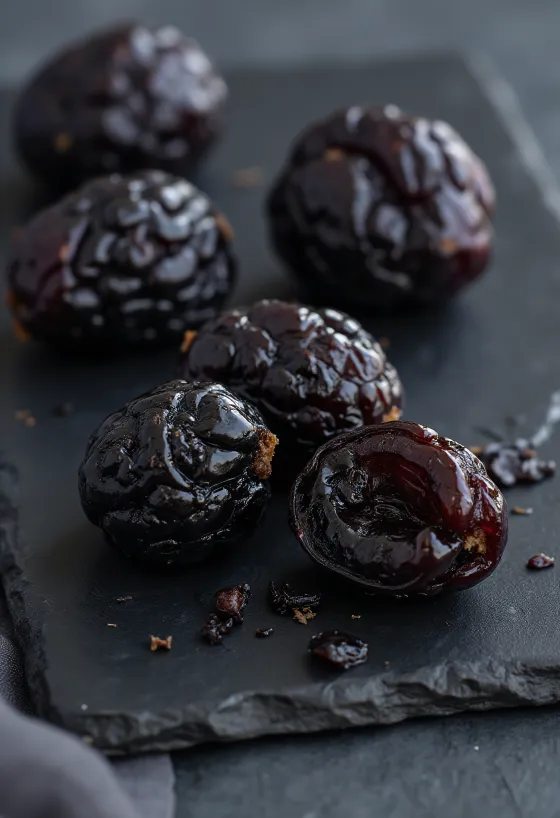 Mận sấy đen bóng trong bát gốm cùng mận tươi và quế