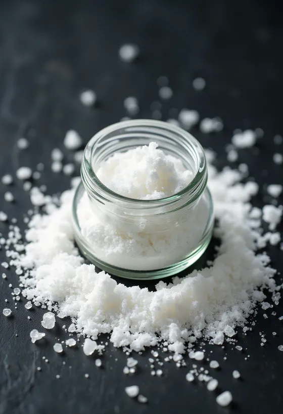 Bột Axit Ascorbic trắng mịn trong bát nhỏ kèm thìa gỗ