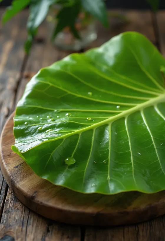 Lá chuối xanh tươi và lá chuối khô được xếp gọn gàng để gói bánh