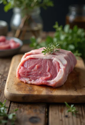 Thăn cừu tươi (Lamb loin) tẩm ướp thảo mộc trên thớt gỗ
