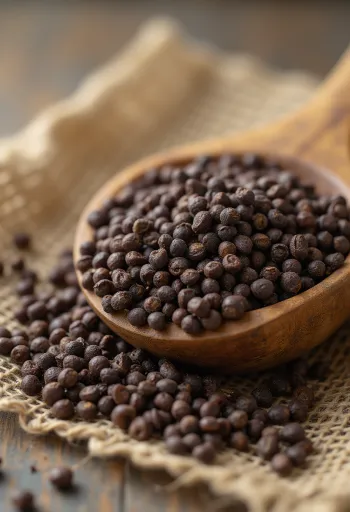 Hạt mù tạt nâu nguyên hạt khô trên bề mặt gỗ