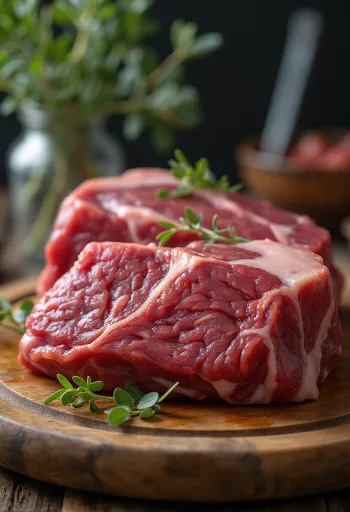 Thịt bò Bison tươi đỏ thẫm (Steak) trên thớt gỗ cùng gia vị