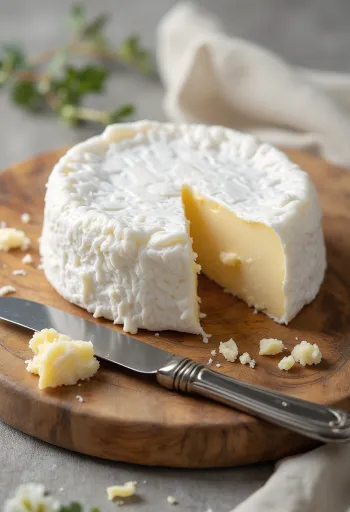 Phô mai Brie cắt lát trên thớt gỗ lộ lớp kem mềm mịn