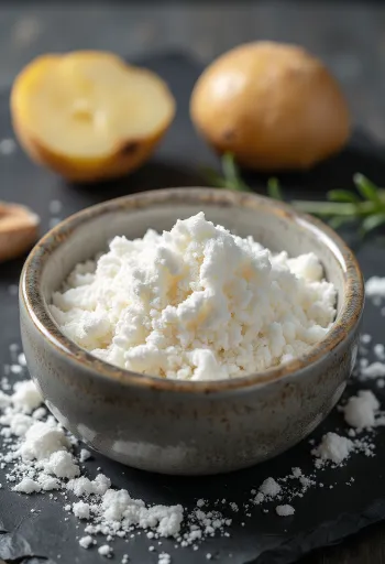 Tinh bột khoai tây trắng mịn trong bát và thìa gỗ