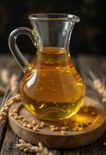 Dầu mầm lúa mì vàng óng trong chén nhỏ, bên cạnh là hạt lúa mì và mầm cây