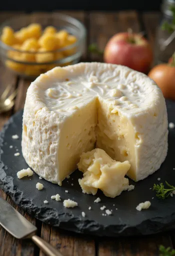 Phô mai Camembert cắt lát trên thớt gỗ, lộ phần ruột kem mềm mịn