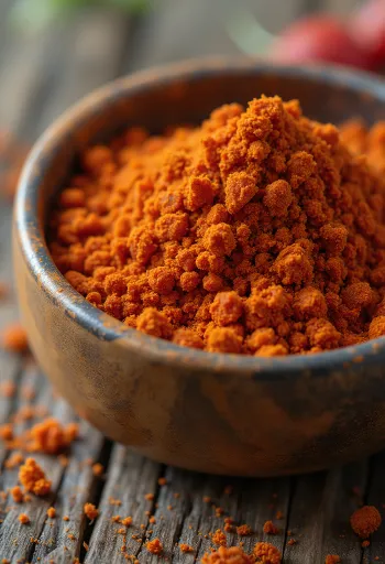 Bột ớt Cayenne đỏ rực và quả ớt khô trên bàn bếp