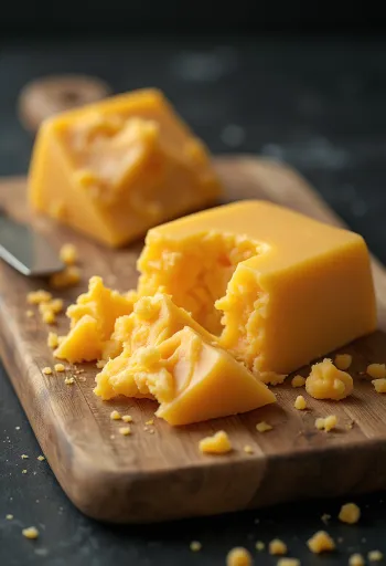Phô mai Cheddar cắt lát và cắt hạt lựu trên thớt gỗ