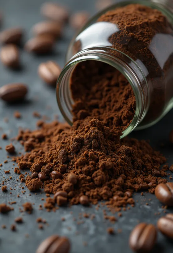 Bột cà phê rau diếp xoắn rang và rễ khô trong bát gỗ