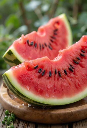 Dưa hấu đỏ tươi cắt lát và nguyên quả trên bàn gỗ