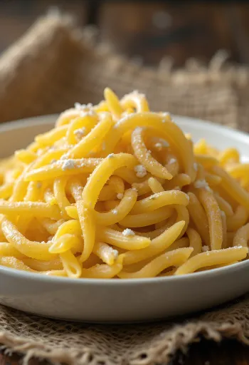 Mì Durum (Pasta) vàng ươm trong bát gốm trên bàn gỗ