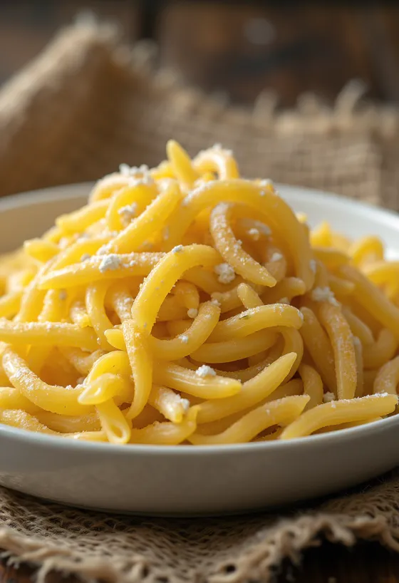 Mì Durum (Pasta) vàng ươm trong bát gốm trên bàn gỗ