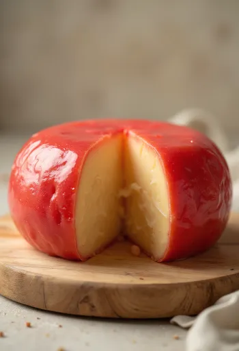 Phô mai Edam cắt lát với lớp vỏ sáp đỏ đặc trưng trên thớt