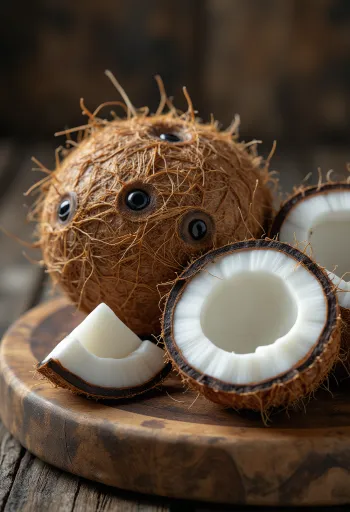 Trái dừa già nguyên quả và một nửa trái đã bổ lộ cùi trắng
