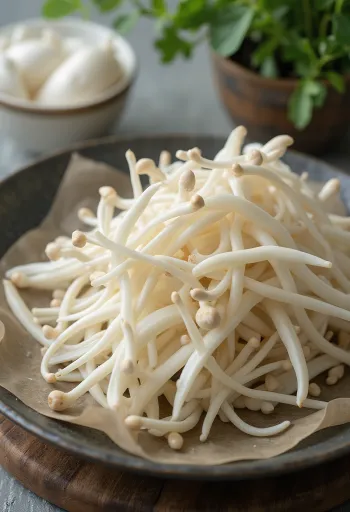 Nấm kim châm đã cắt gốc rửa sạch trên thớt gỗ sẵn sàng chế biến