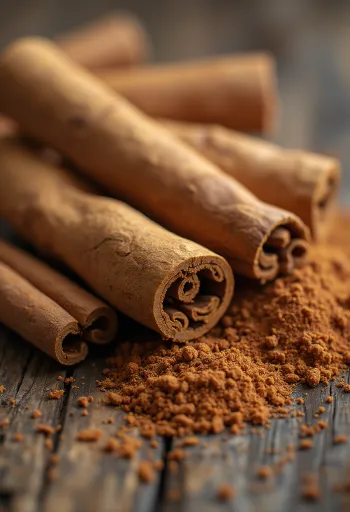 Bột quế và thanh quế trên bề mặt bếp bằng gỗ