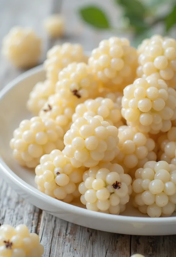 Những quả dâu tằm trắng chín mọng màu trắng ngà rất đẹp mắt