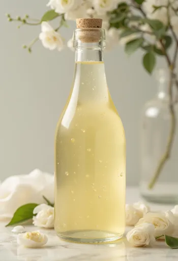 Chai giấm rượu vang trắng trong vắt bên cạnh chùm nho trắng tươi