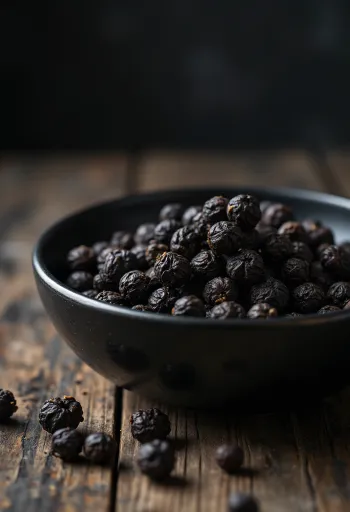 Hạt tiêu đen nguyên hạt trong bát gỗ và rải rác trên bàn