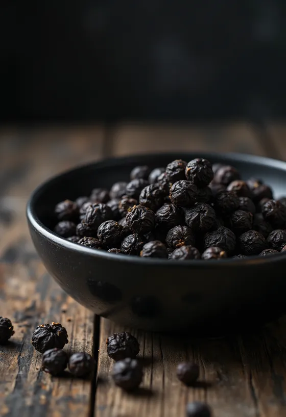 Hạt tiêu đen nguyên hạt trong bát gỗ và rải rác trên bàn