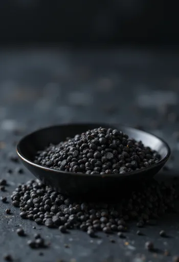 Hạt mù tạt đen nguyên hạt trong bát nhỏ trên nền gỗ