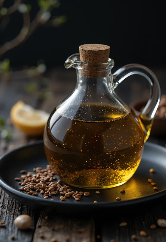Chai dầu mè đen đậm màu và chén dầu nhỏ bên cạnh hạt mè đen