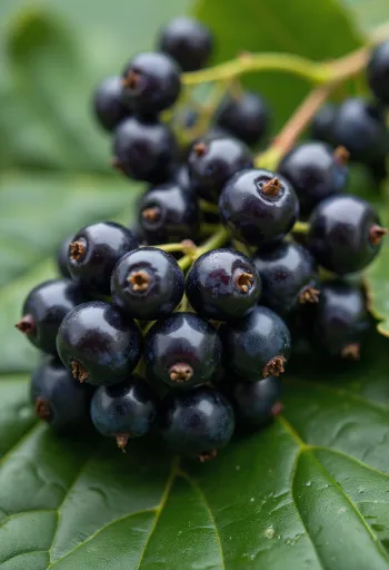 Quả lý chua đen tươi mọng trong bát và trên bàn, cùng mứt nhà làm và lá xanh