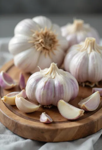 Củ tỏi nguyên và tép tỏi đã bóc vỏ trên bề mặt gỗ