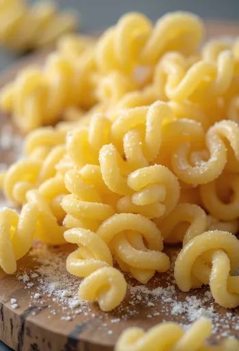 Những con nui xoắn (Fusilli) khô màu vàng ươm trên nền gỗ