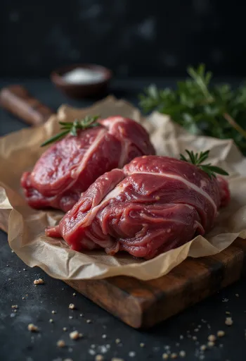 Thịt bồ câu tươi cùng gia vị, xô thơm và tỏi trên thớt gỗ