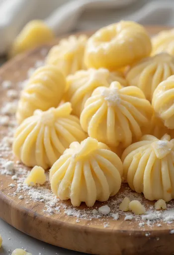 Những viên Gnocchi tươi làm thủ công trên mặt bàn gỗ phủ bột
