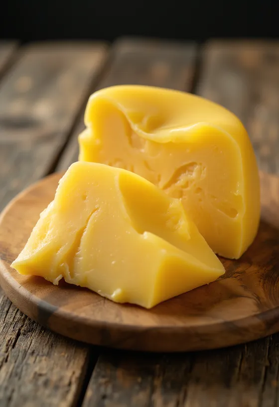 Phô mai Gouda tươi màu vàng cam trong bát sứ