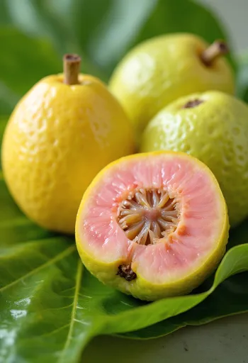 Quả ổi tươi cắt ra, ruột hồng vỏ xanh trên bề mặt gỗ