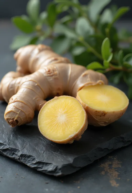 Gừng tươi và gừng thái lát trên thớt bếp