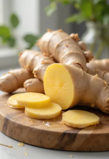 Củ gừng tươi, gừng thái lát và gừng băm nhỏ trên thớt gỗ