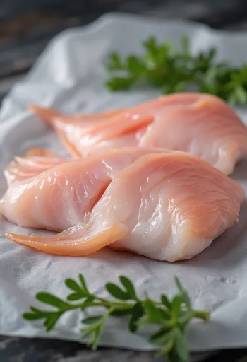 Phi lê cá da trơn tươi cùng gia vị, chanh và ngò tây trên thớt gỗ