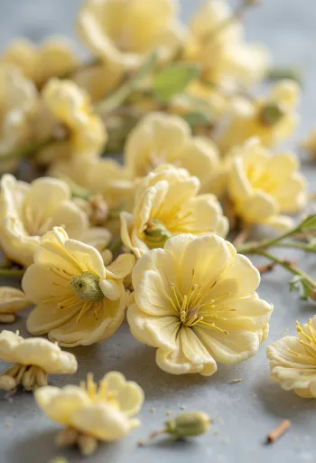 Hoa đoạn sấy khô màu vàng nhạt trong bát gốm